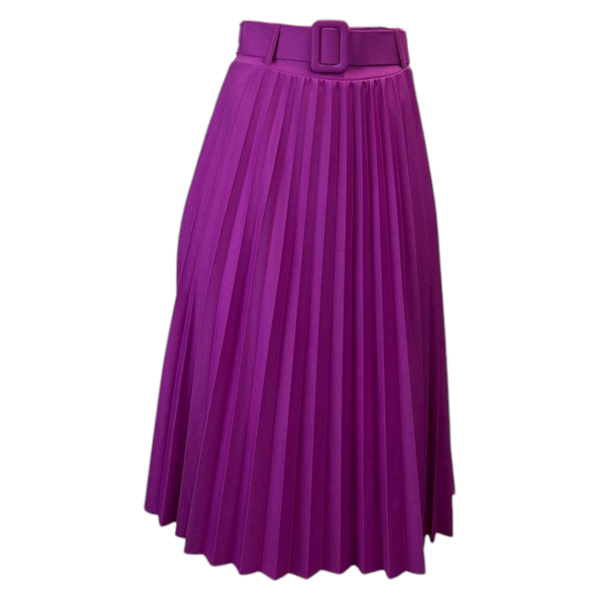 Women's vibrant purple pleated midi skirt with belt – elegant high-waisted A-line design, ideal for formal and casual wear